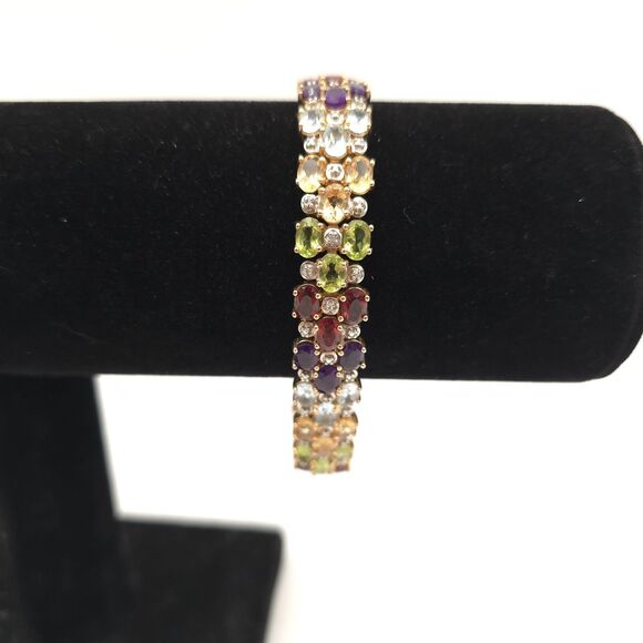 Multi Gemstone Vermeil Bracelet Blue Topaz Garnet Amethyst Citrine HSN 8" - Picture 2 of 9